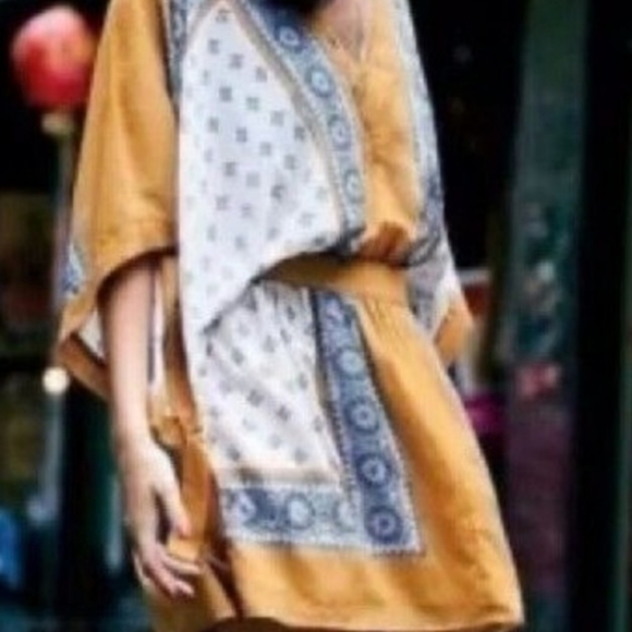 Free People Womens XS Santa Cruz Boho Kimono Mini Dress Mustard Yellow Blue - Picture 3 of 4